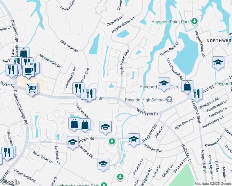 map of restaurants, bars, coffee shops, grocery stores, and more near 1092 Grace Hill Drive in Virginia Beach