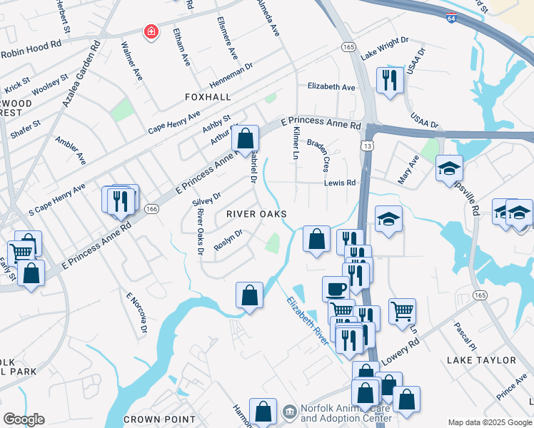 map of restaurants, bars, coffee shops, grocery stores, and more near 1379 Gabriel Drive in Norfolk