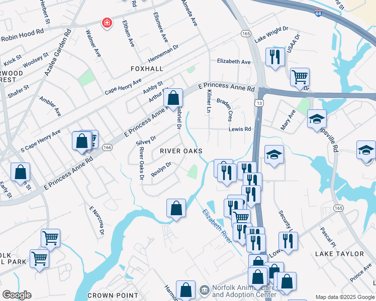 map of restaurants, bars, coffee shops, grocery stores, and more near 1379 Gabriel Drive in Norfolk