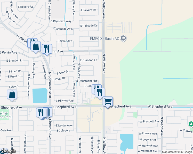 map of restaurants, bars, coffee shops, grocery stores, and more near 2917 East Christopher Drive in Fresno