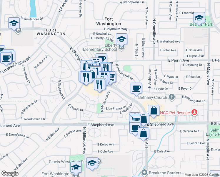 map of restaurants, bars, coffee shops, grocery stores, and more near 1225 East Le Parc Drive in Fresno