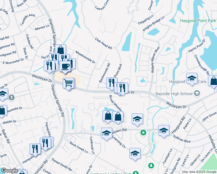 map of restaurants, bars, coffee shops, grocery stores, and more near 5315 Kindlewood Drive in Virginia Beach