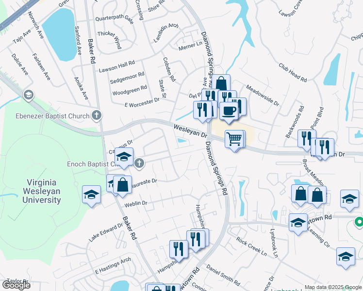 map of restaurants, bars, coffee shops, grocery stores, and more near 5557 Frog Pond Lane in Virginia Beach