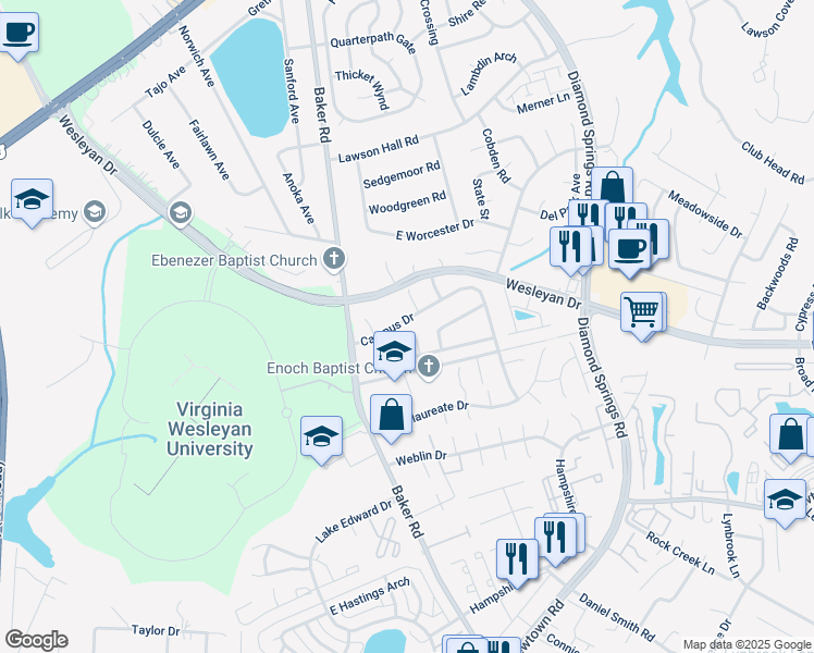 map of restaurants, bars, coffee shops, grocery stores, and more near 913 Wolfpack Court in Virginia Beach