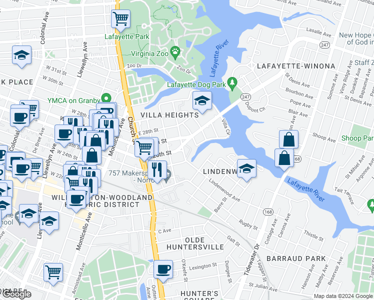 map of restaurants, bars, coffee shops, grocery stores, and more near 822 East 25th Street in Norfolk