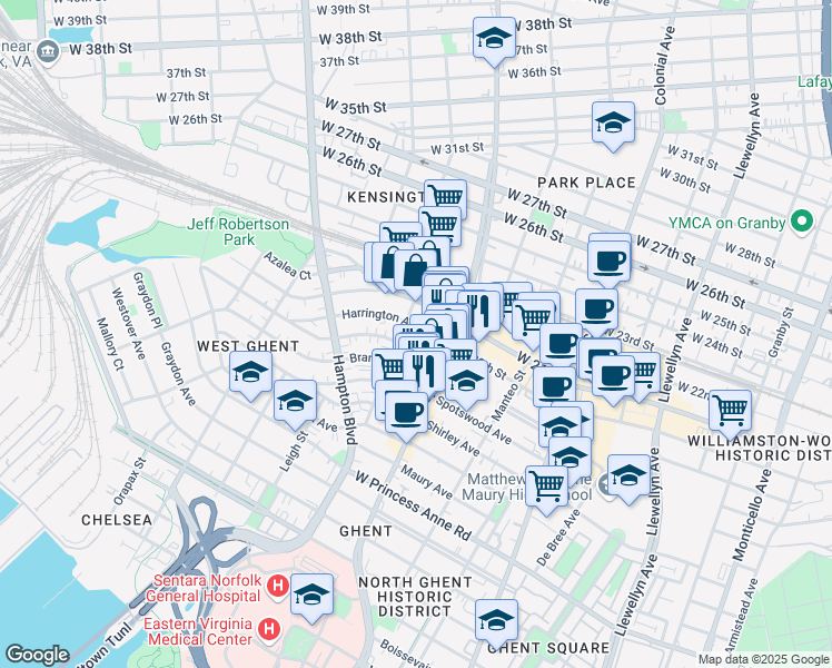 map of restaurants, bars, coffee shops, grocery stores, and more near 816 Gates Avenue in Norfolk