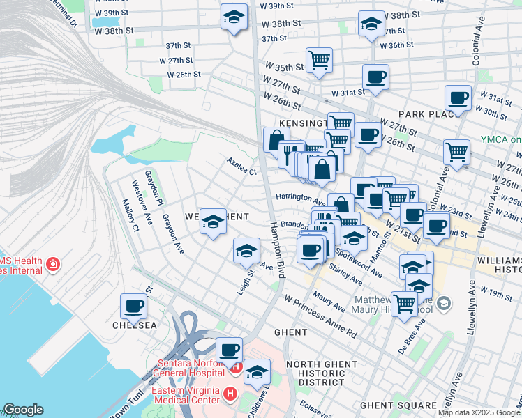 map of restaurants, bars, coffee shops, grocery stores, and more near 1016 Brandon Avenue in Norfolk