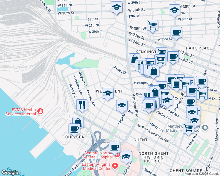 map of restaurants, bars, coffee shops, grocery stores, and more near 1300 Armistead Bridge Road in Norfolk