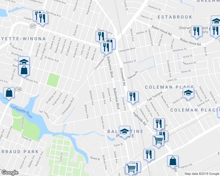 map of restaurants, bars, coffee shops, grocery stores, and more near 2730 Vincent Avenue in Norfolk