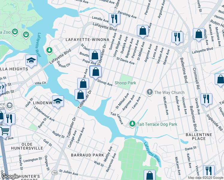 map of restaurants, bars, coffee shops, grocery stores, and more near 2728 Dunkirk Avenue in Norfolk