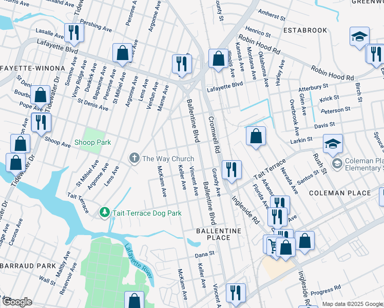 map of restaurants, bars, coffee shops, grocery stores, and more near 2730 Vincent Avenue in Norfolk