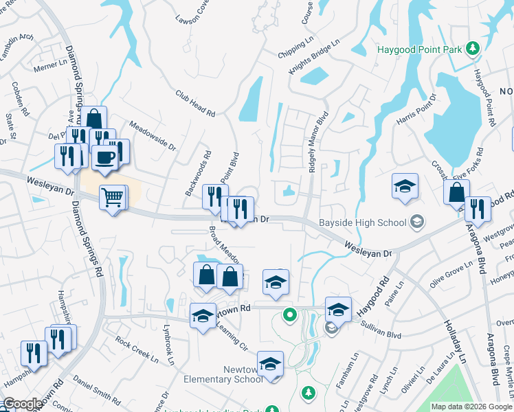 map of restaurants, bars, coffee shops, grocery stores, and more near 5270 Deford Road in Virginia Beach