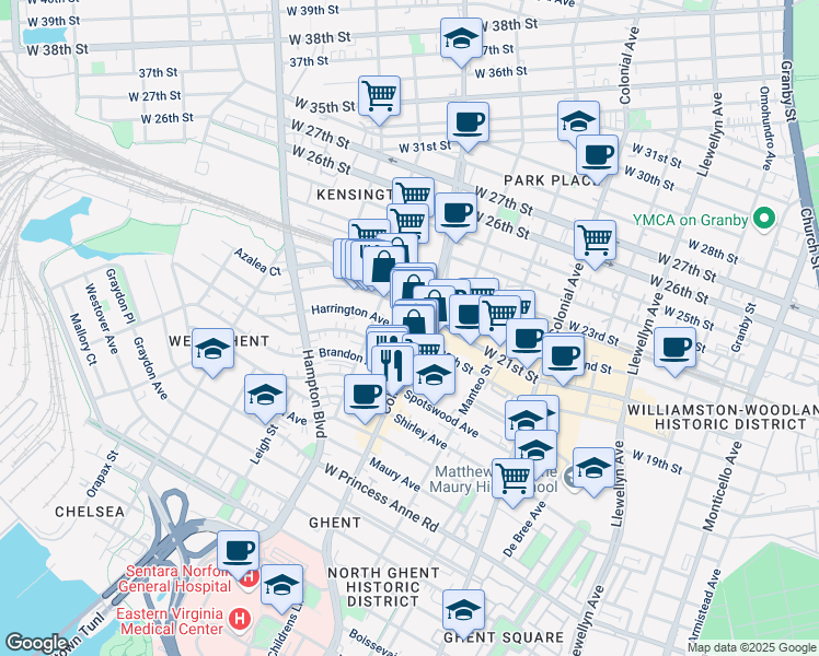 map of restaurants, bars, coffee shops, grocery stores, and more near 828 Harrington Avenue in Norfolk