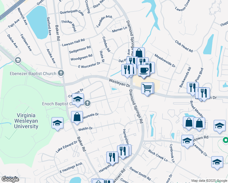 map of restaurants, bars, coffee shops, grocery stores, and more near 5557 Frog Pond Lane in Virginia Beach