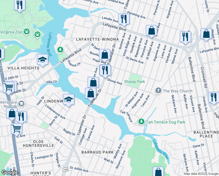 map of restaurants, bars, coffee shops, grocery stores, and more near 2718 Somme Avenue in Norfolk