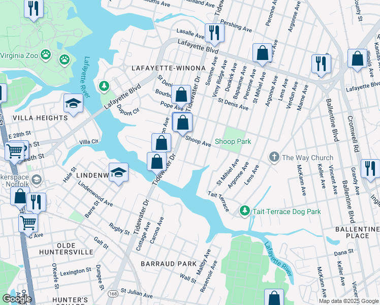 map of restaurants, bars, coffee shops, grocery stores, and more near 2718 Somme Avenue in Norfolk