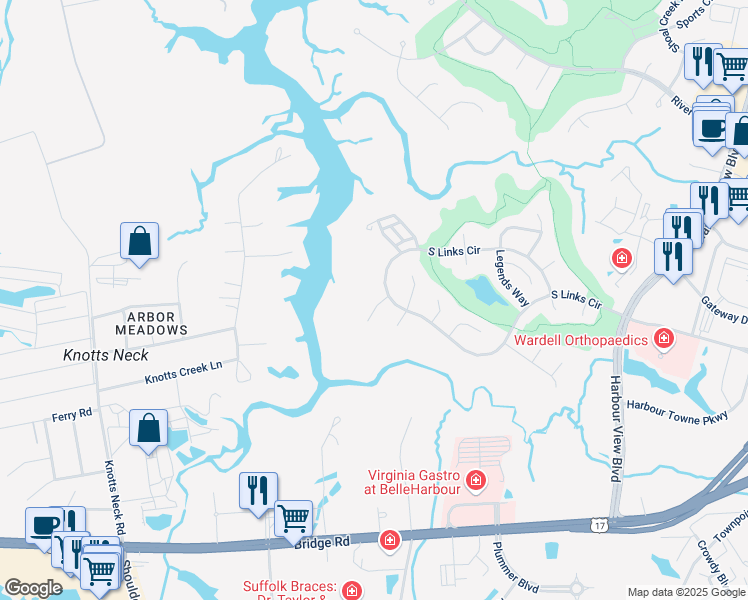 map of restaurants, bars, coffee shops, grocery stores, and more near 5302 Doral Woods Court in Suffolk