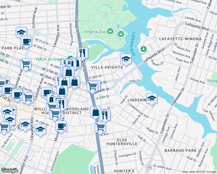 map of restaurants, bars, coffee shops, grocery stores, and more near 753 East 26th Street in Norfolk