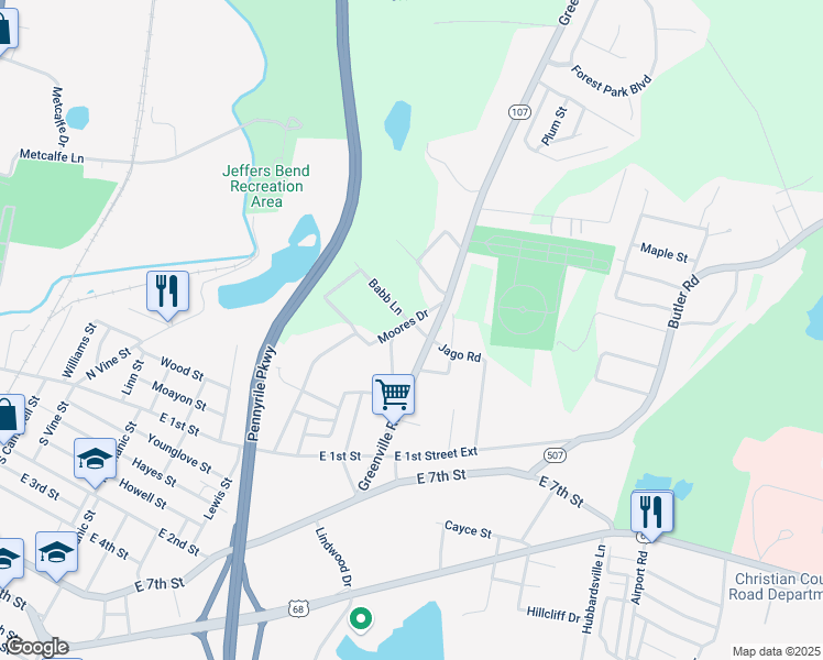 map of restaurants, bars, coffee shops, grocery stores, and more near 1960 Grimes Avenue in Hopkinsville