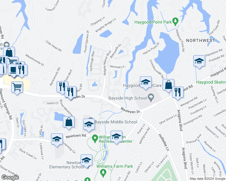 map of restaurants, bars, coffee shops, grocery stores, and more near Elston Lane in Virginia Beach