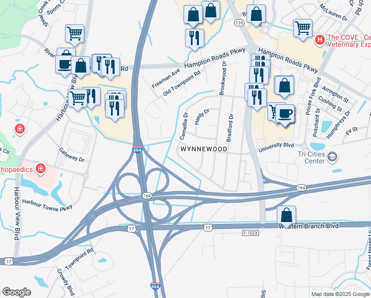 map of restaurants, bars, coffee shops, grocery stores, and more near 4613 Magnolia Drive in Suffolk