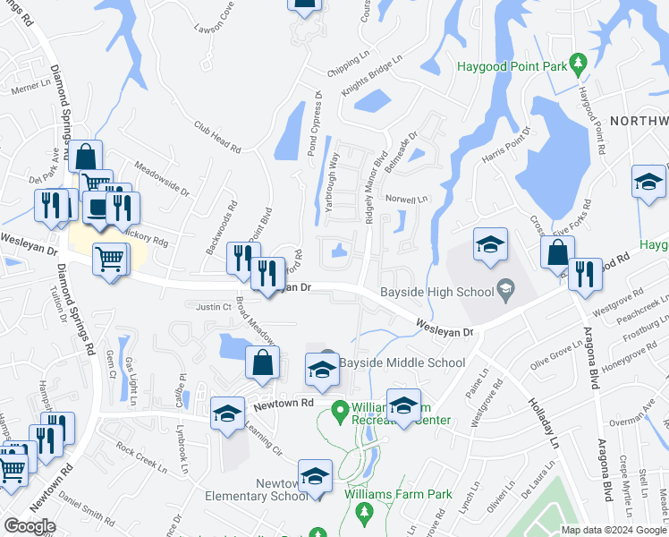 map of restaurants, bars, coffee shops, grocery stores, and more near 1220 Grace Hill Drive in Virginia Beach