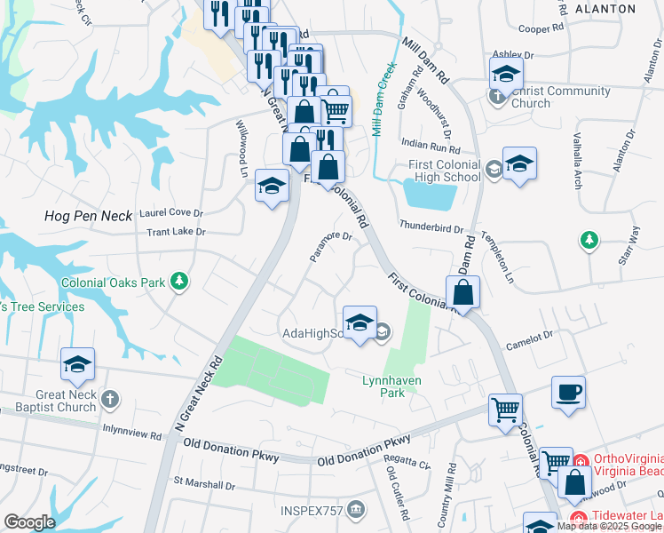 map of restaurants, bars, coffee shops, grocery stores, and more near 2184 Middleburg Road in Virginia Beach