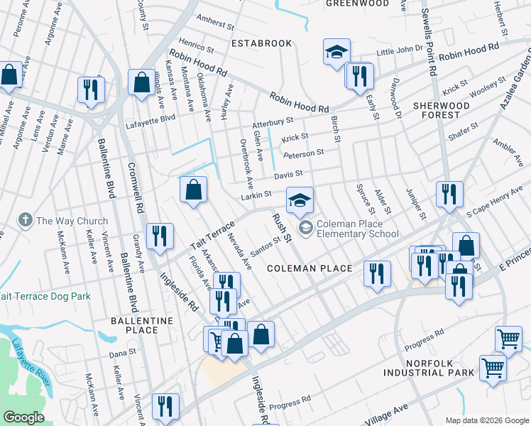 map of restaurants, bars, coffee shops, grocery stores, and more near 2521 Palmetto Street in Norfolk