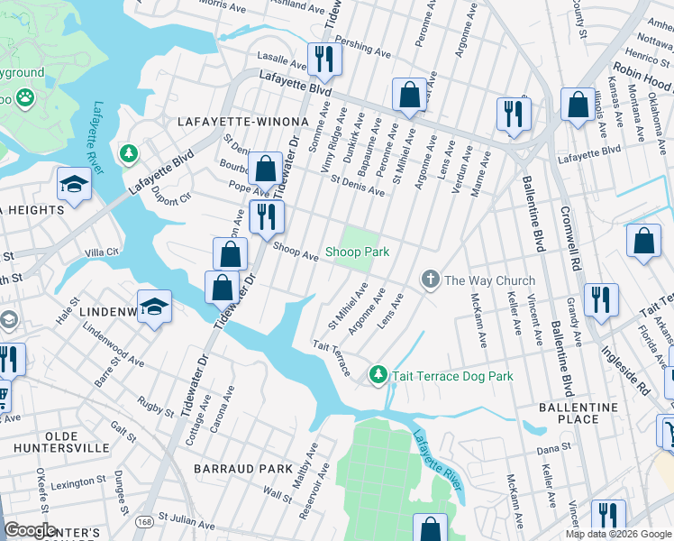 map of restaurants, bars, coffee shops, grocery stores, and more near 2713 Bapaume Avenue in Norfolk