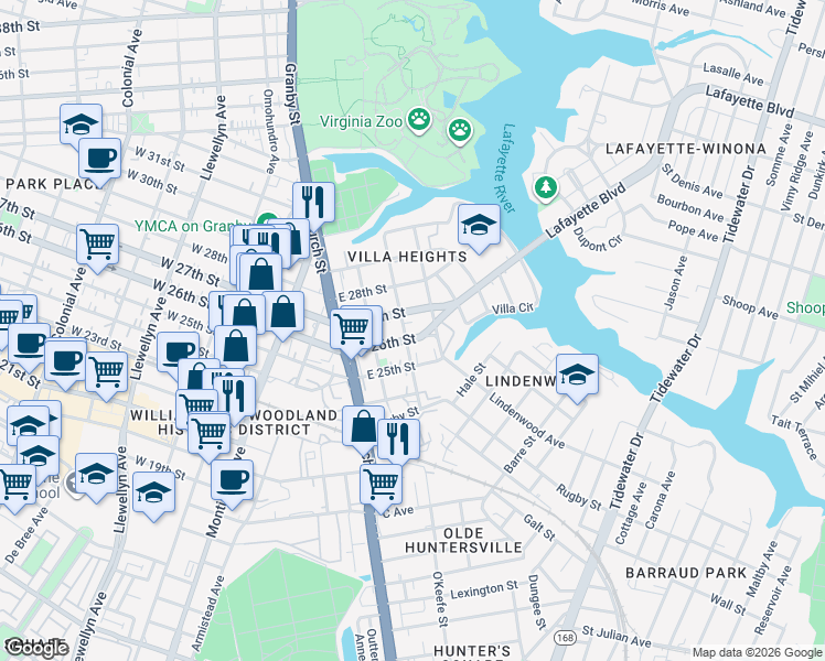 map of restaurants, bars, coffee shops, grocery stores, and more near 753 East 26th Street in Norfolk