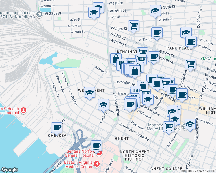 map of restaurants, bars, coffee shops, grocery stores, and more near 1016 Brandon Avenue in Norfolk