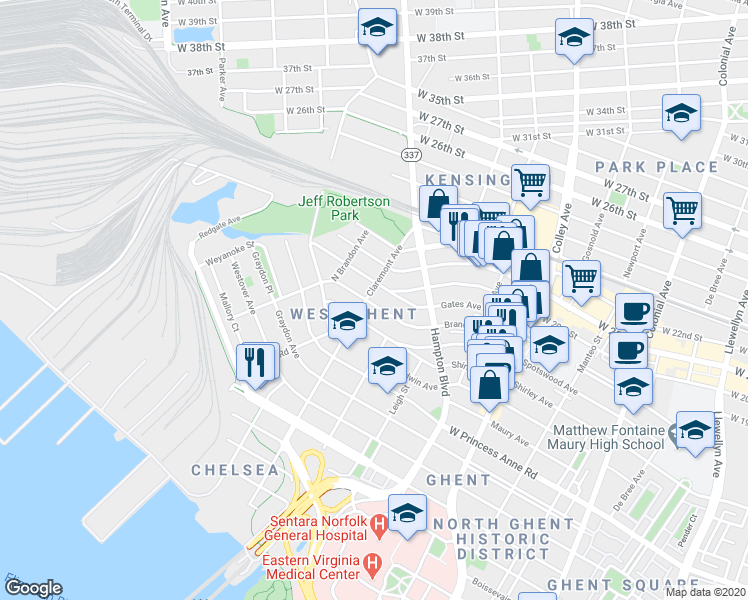 map of restaurants, bars, coffee shops, grocery stores, and more near 1118 Spotswood Avenue in Norfolk