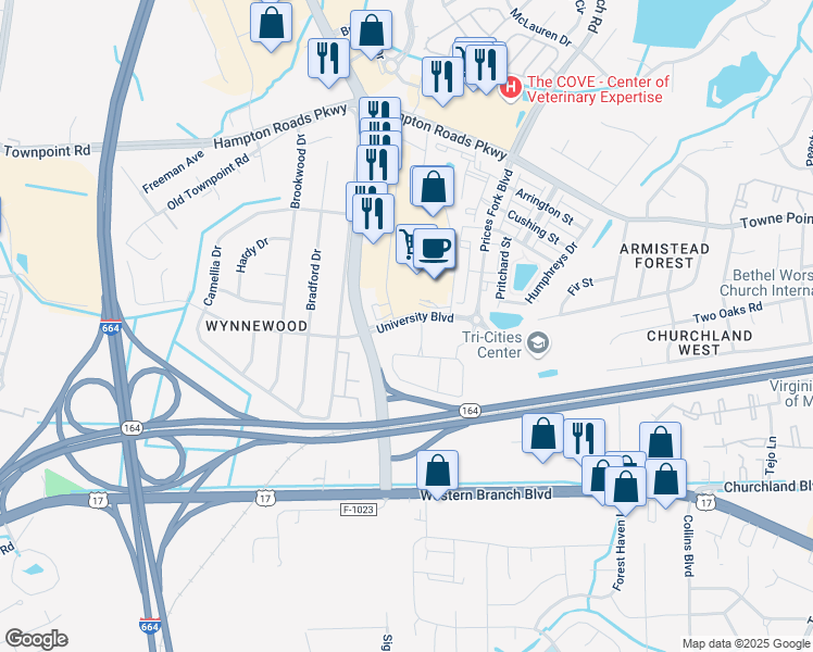 map of restaurants, bars, coffee shops, grocery stores, and more near in Suffolk