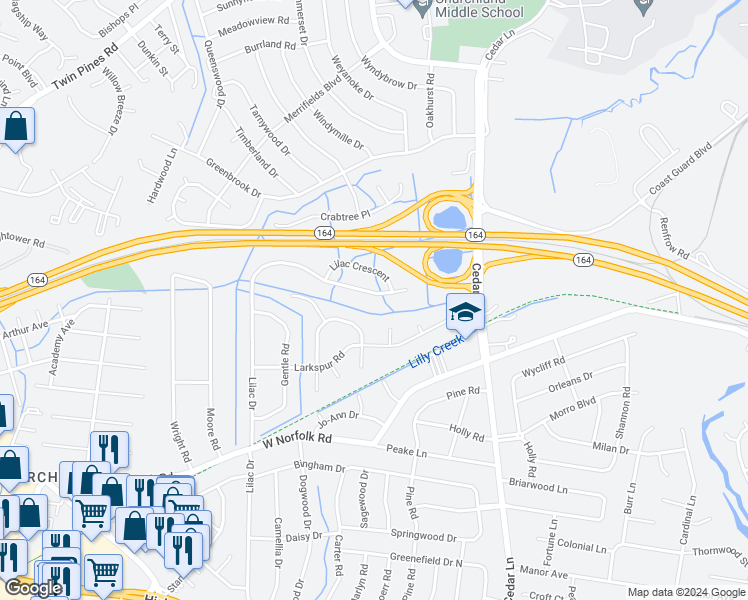 map of restaurants, bars, coffee shops, grocery stores, and more near 3773 Lilac Drive in Portsmouth
