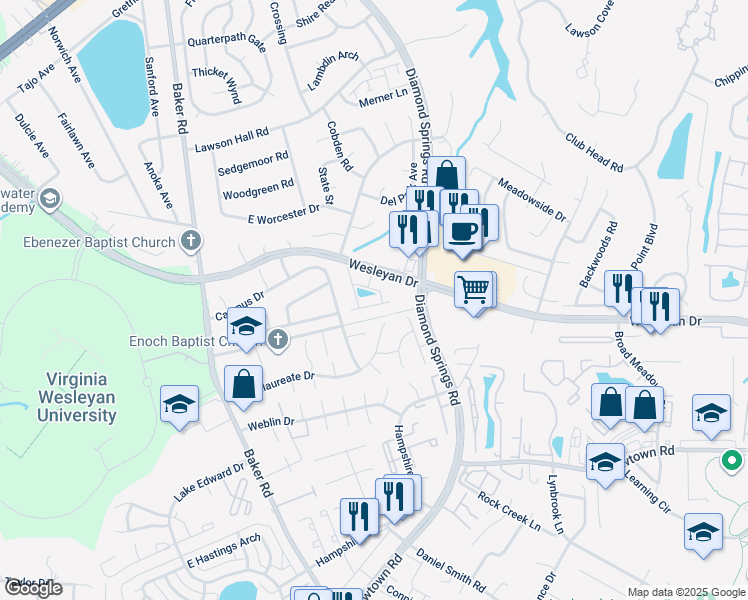 map of restaurants, bars, coffee shops, grocery stores, and more near 5536 Frog Pond Lane in Virginia Beach