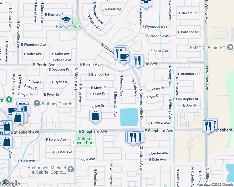 map of restaurants, bars, coffee shops, grocery stores, and more near 9258 North Recreation Avenue in Fresno