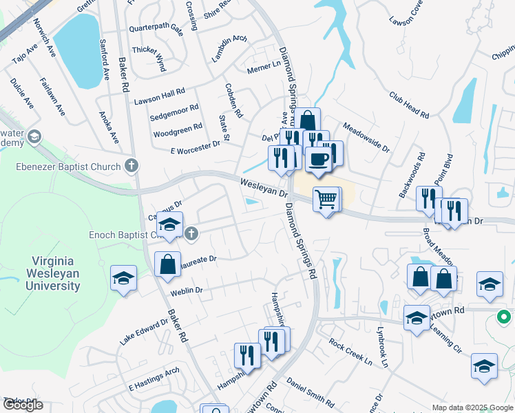 map of restaurants, bars, coffee shops, grocery stores, and more near 5536 Frog Pond Lane in Virginia Beach