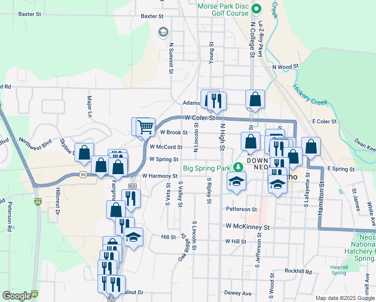 map of restaurants, bars, coffee shops, grocery stores, and more near 517-599 West Spring Street in Neosho
