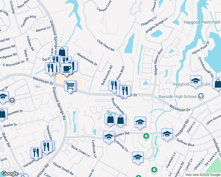 map of restaurants, bars, coffee shops, grocery stores, and more near 5305 Kindlewood Drive in Virginia Beach
