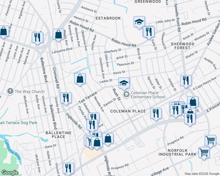 map of restaurants, bars, coffee shops, grocery stores, and more near 2521 Palmetto Street in Norfolk