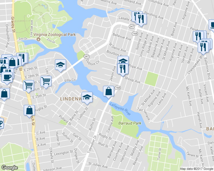 map of restaurants, bars, coffee shops, grocery stores, and more near 2651 Jason Avenue in Norfolk