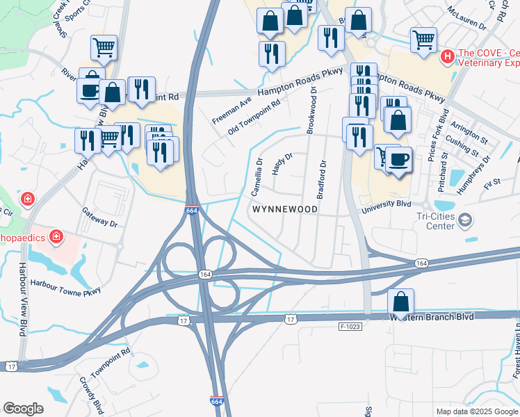 map of restaurants, bars, coffee shops, grocery stores, and more near 4613 Magnolia Drive in Suffolk