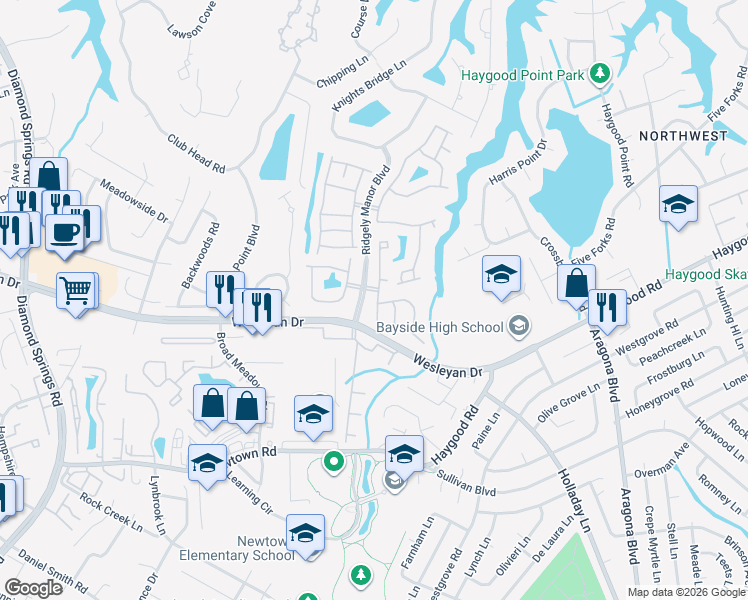 map of restaurants, bars, coffee shops, grocery stores, and more near 1000 Farrcroft Way in Virginia Beach