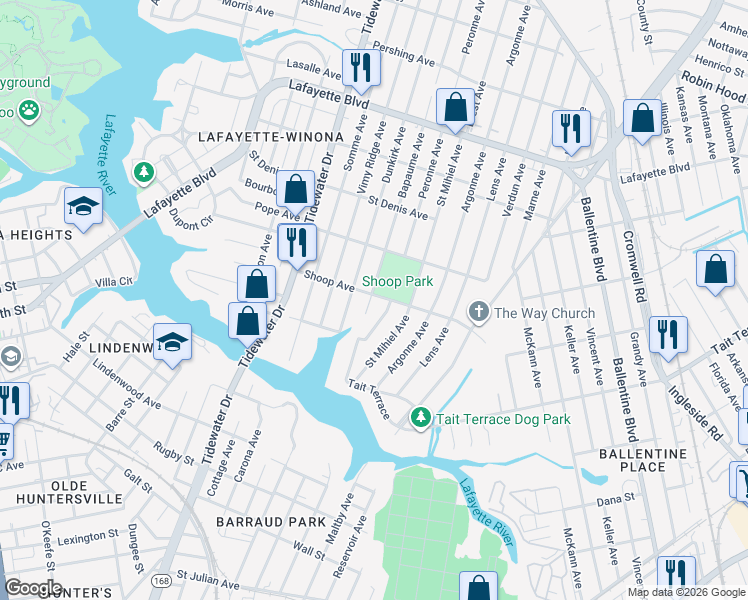 map of restaurants, bars, coffee shops, grocery stores, and more near 2713 Bapaume Avenue in Norfolk