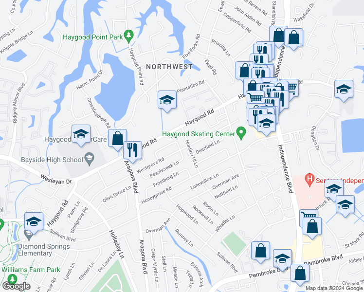 map of restaurants, bars, coffee shops, grocery stores, and more near 4800 Linshaw Lane in Virginia Beach