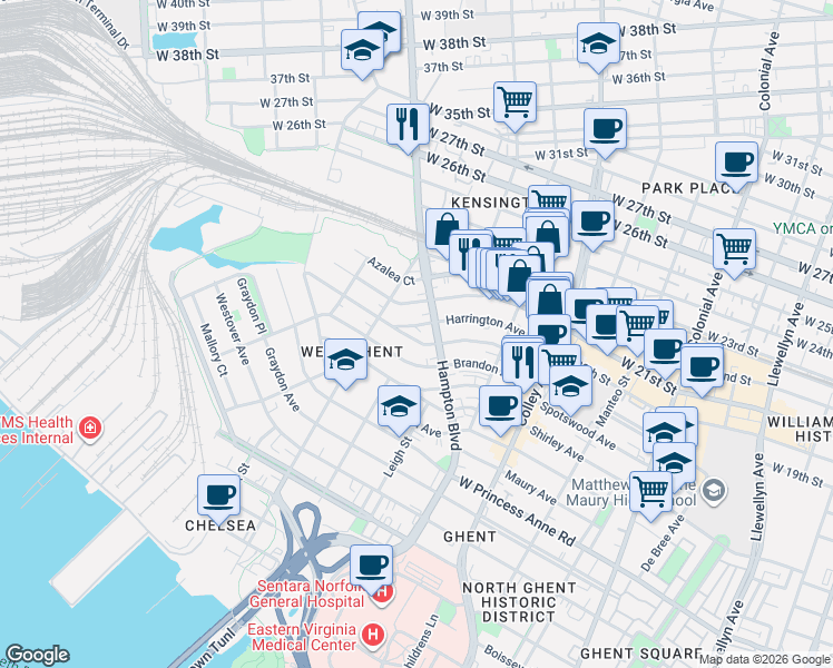 map of restaurants, bars, coffee shops, grocery stores, and more near 1024 Gates Avenue in Norfolk
