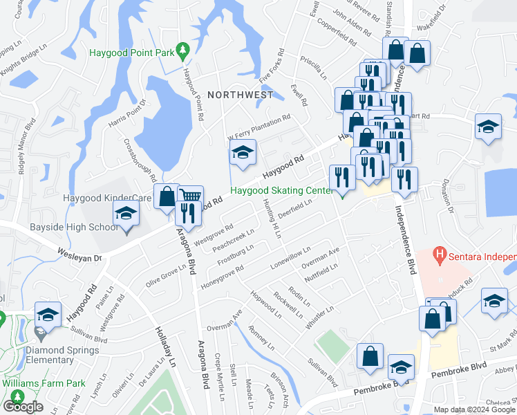 map of restaurants, bars, coffee shops, grocery stores, and more near 4800 Linshaw Lane in Virginia Beach