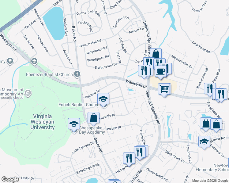 map of restaurants, bars, coffee shops, grocery stores, and more near 5498 Keydet Drive in Virginia Beach