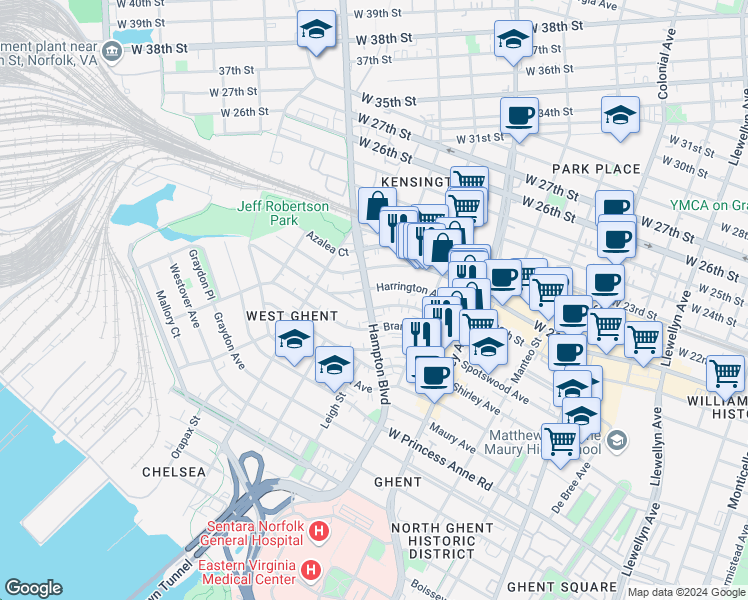 map of restaurants, bars, coffee shops, grocery stores, and more near 1806 Hampton Boulevard in Norfolk