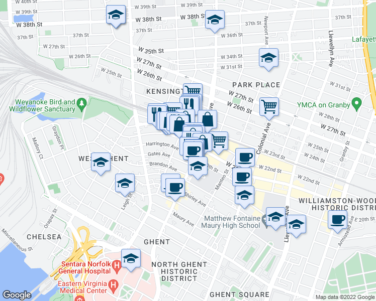 map of restaurants, bars, coffee shops, grocery stores, and more near 814 Harrington Avenue in Norfolk